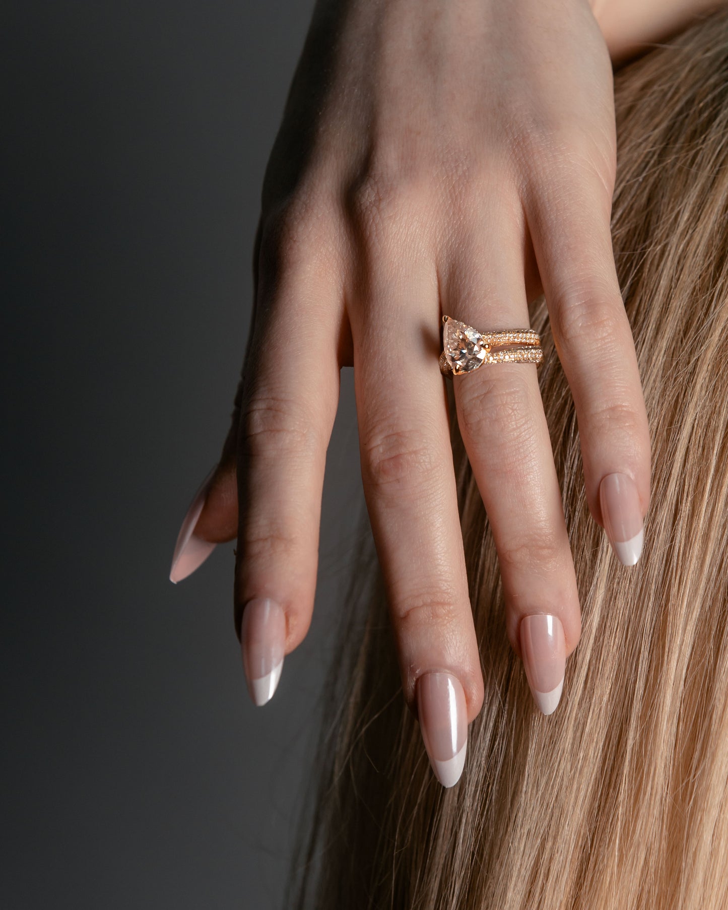 Asymmetric Pavé Slanted Pear Solitaire Tapered Diamond Ring