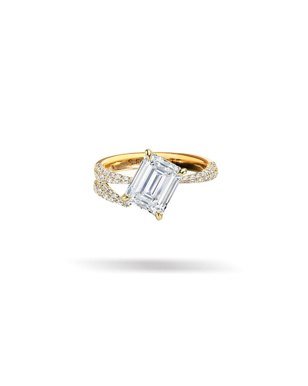 Asymmetric Slanted Emerald Solitaire Tapered Diamond Ring