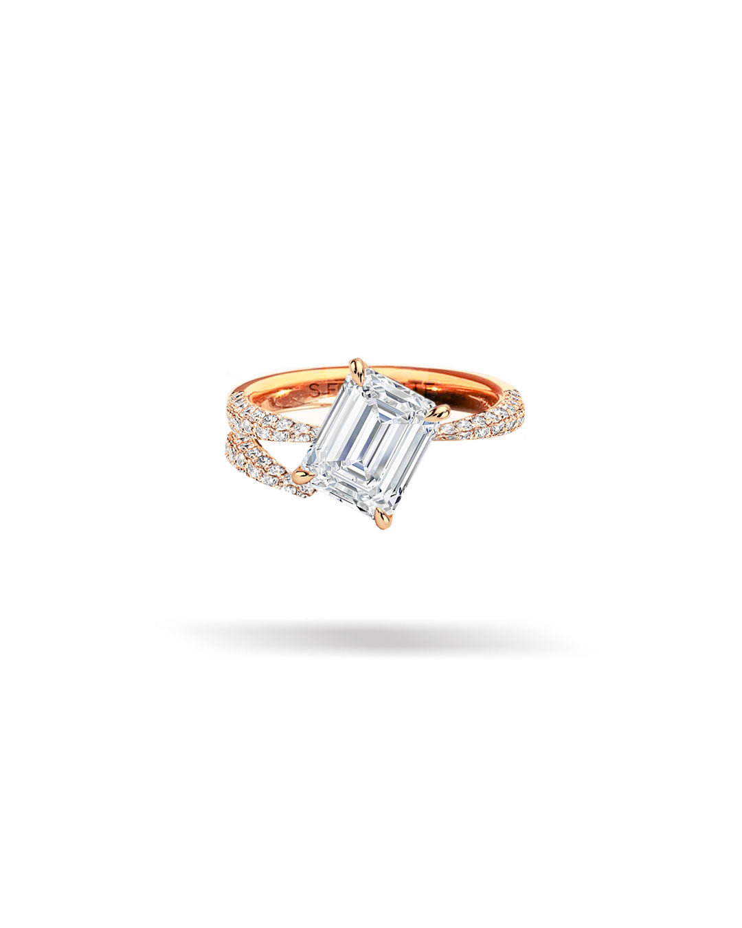 Asymmetric Slanted Emerald Solitaire Tapered Diamond Ring