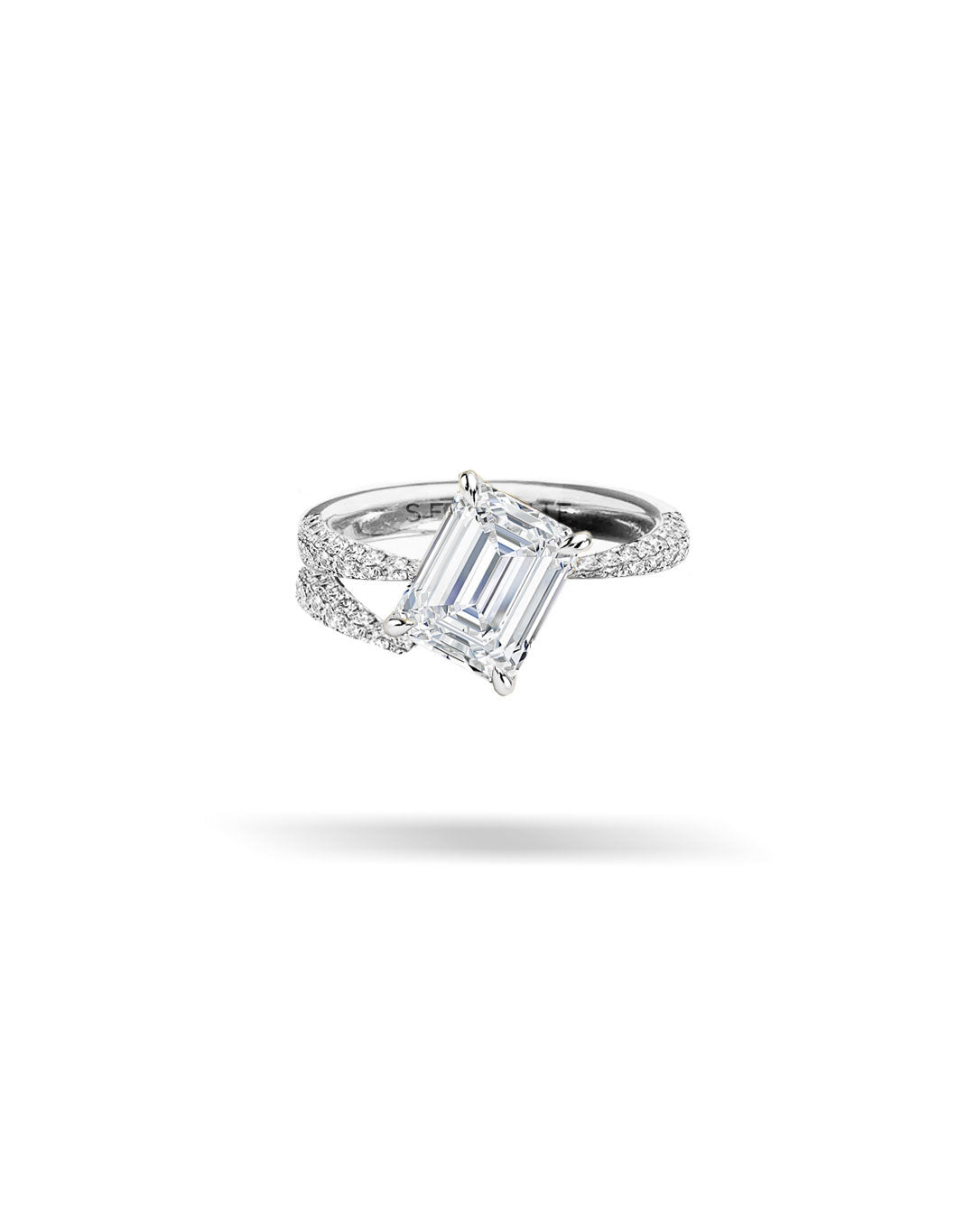 Asymmetric Slanted Emerald Solitaire Tapered Diamond Ring