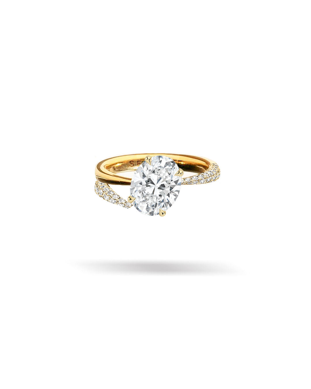 Asymmetric Pavé Slanted Oval Solitaire Tapered Diamond Ring
