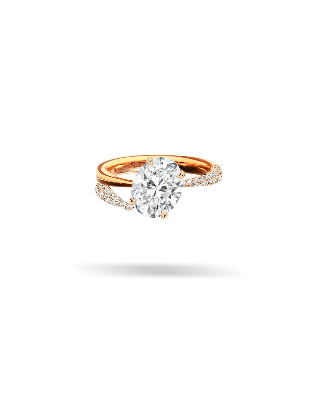 Asymmetric Pavé Slanted Oval Solitaire Tapered Diamond Ring