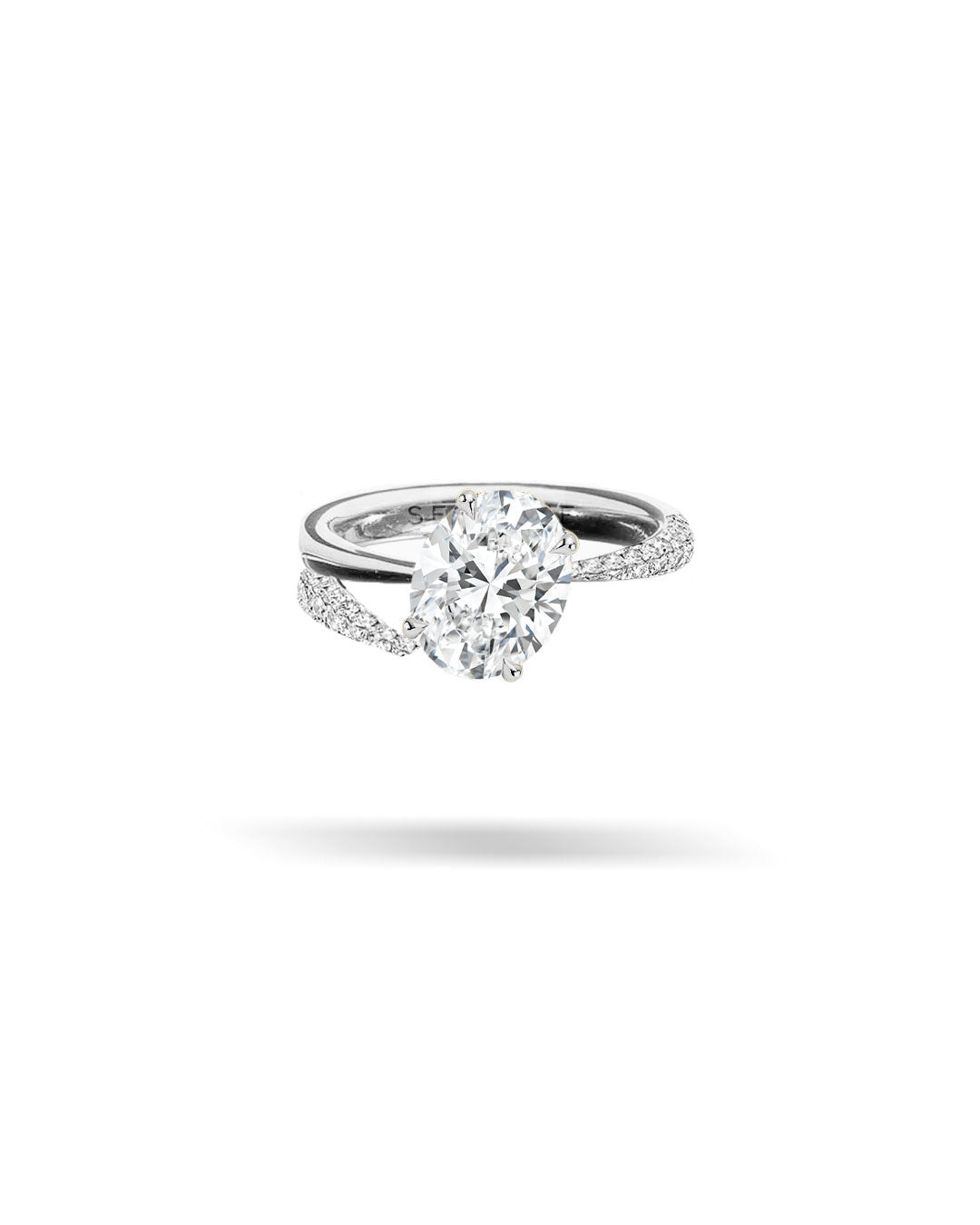 Asymmetric Pavé Slanted Oval Solitaire Tapered Diamond Ring