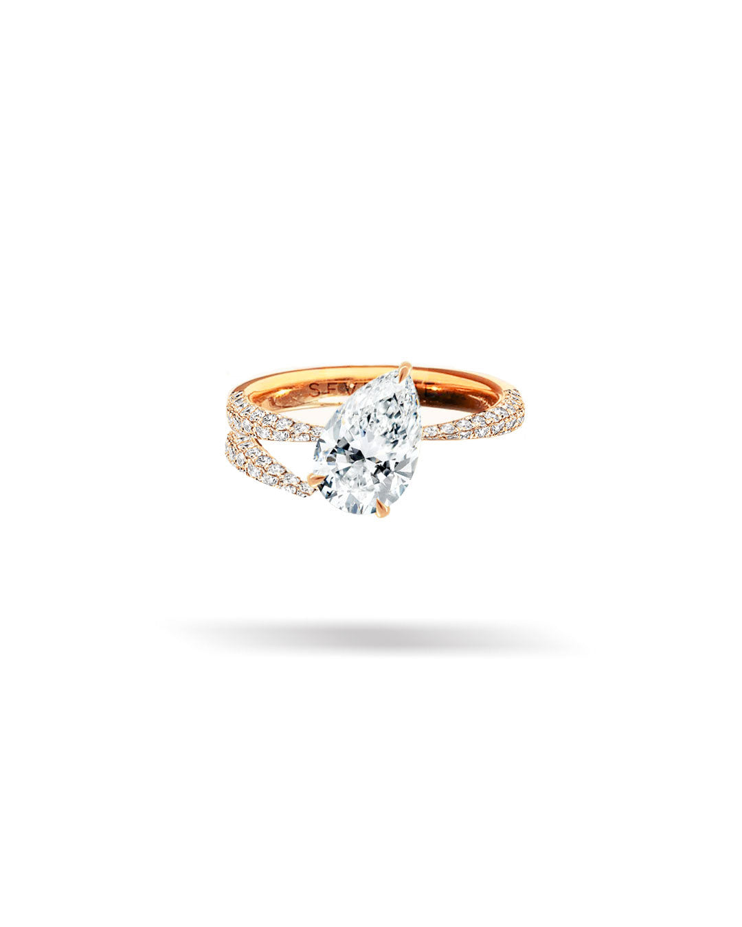 Asymmetric Pavé Slanted Pear Solitaire Tapered Diamond Ring