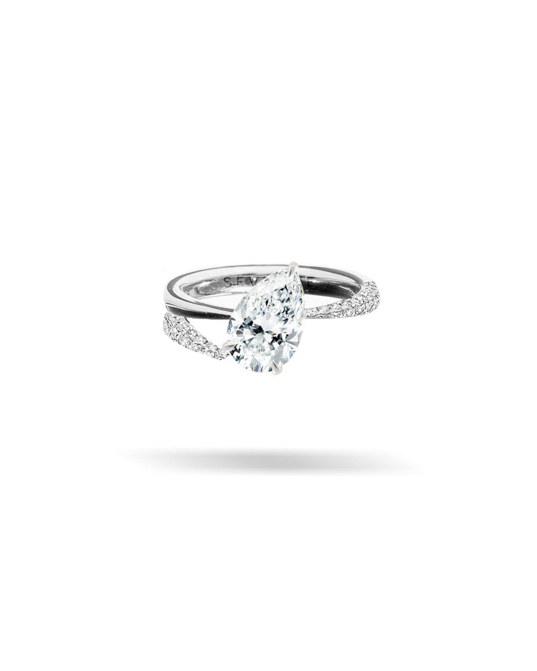 Asymmetric Pavé Slanted Pear Solitaire Tapered Diamond Ring