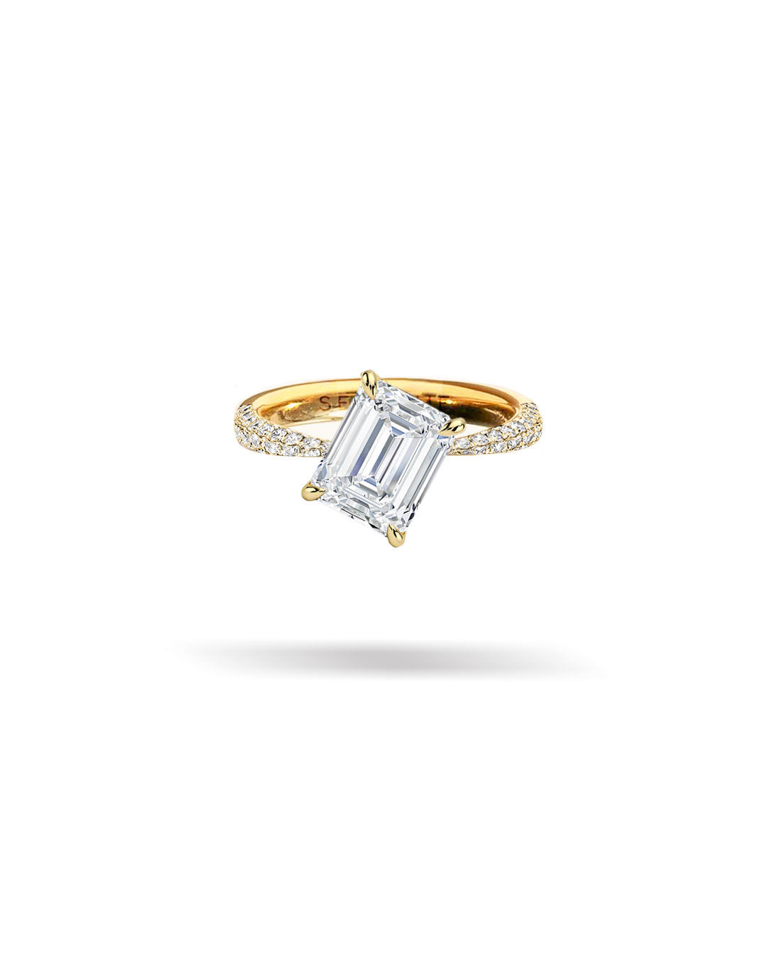Slanted Emerald Solitaire Tapered Diamond Ring