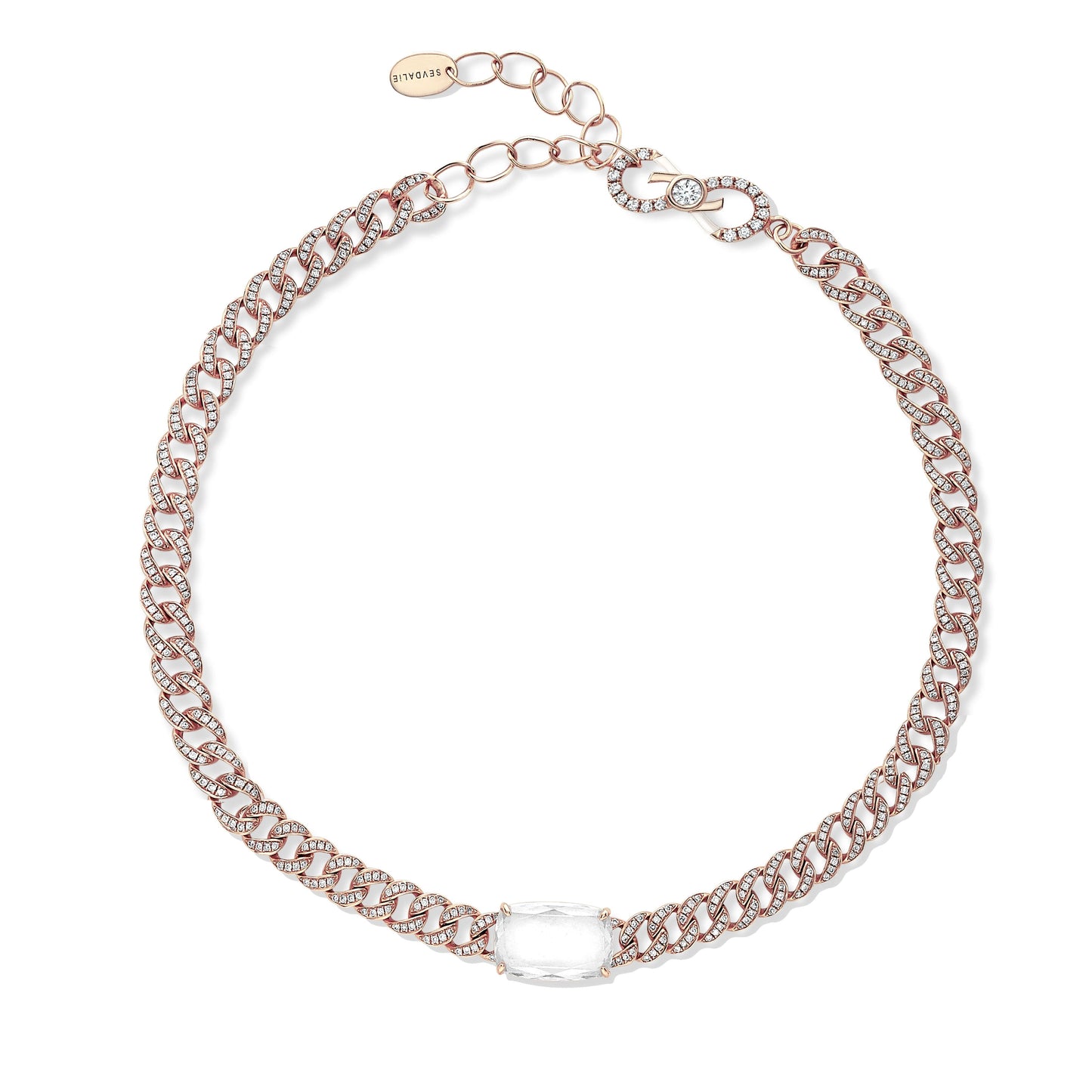 Sevdalie Signature Portrait Collection lab diamond jewelry for sale, diamond pave portrait cut cushion moissanite chain bracelet, solid 14K rose gold