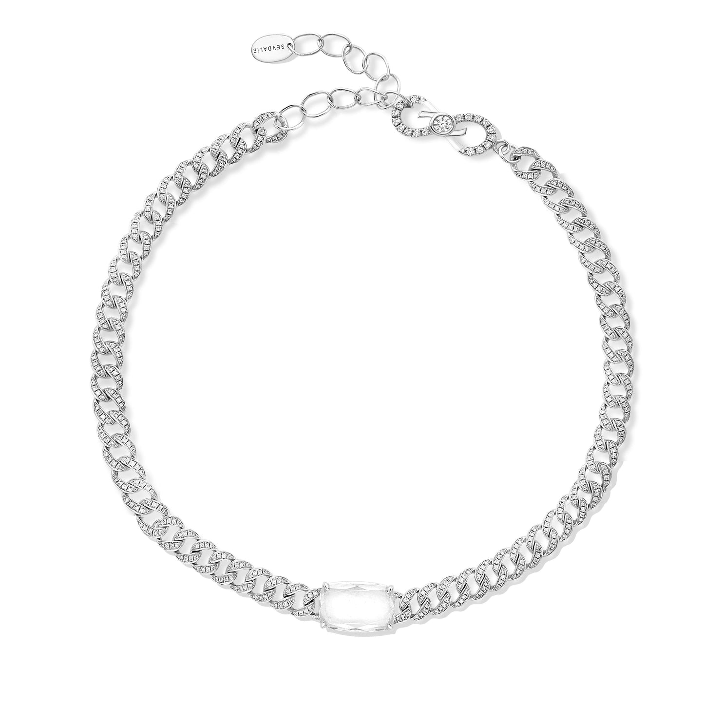 Sevdalie Signature Portrait Collection lab diamond jewelry for sale, diamond pave portrait cut cushion moissanite chain bracelet, solid 14K white gold
