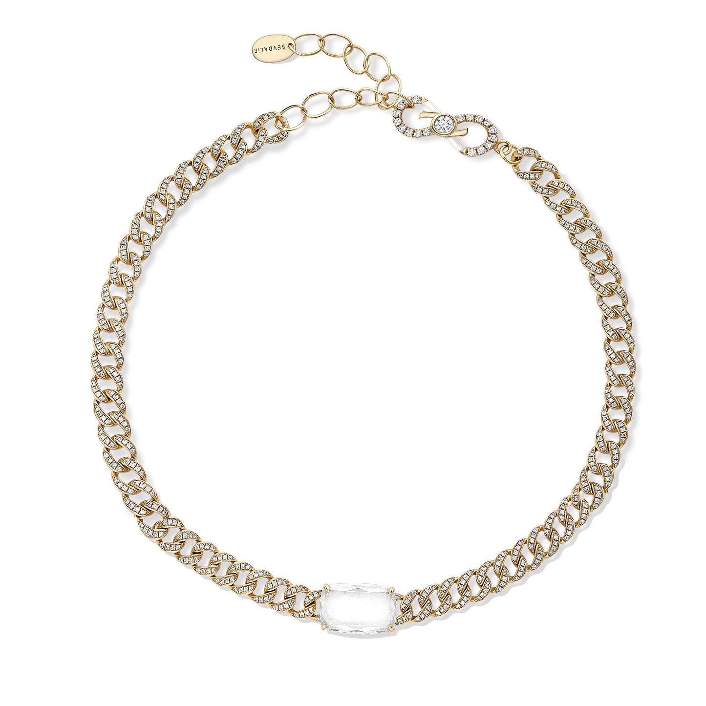 Sevdalie Signature Portrait Collection lab diamond jewelry for sale, diamond pave portrait cut cushion moissanite chain bracelet, solid 14K yellow gold
