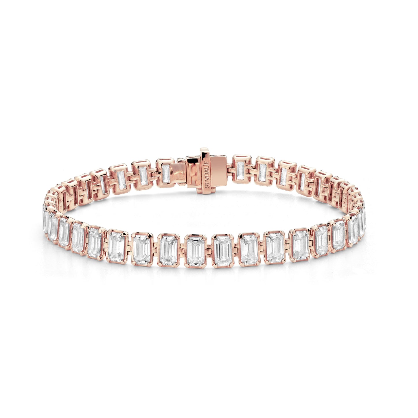 Sevdalie lab diamond emerald cut tennis bracelet, invisible clasp, solid 14k rose gold