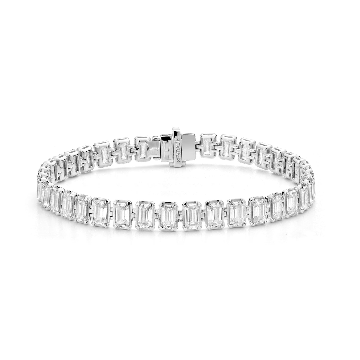 Sevdalie lab diamond emerald cut tennis bracelet, invisible clasp, solid 14k white gold
