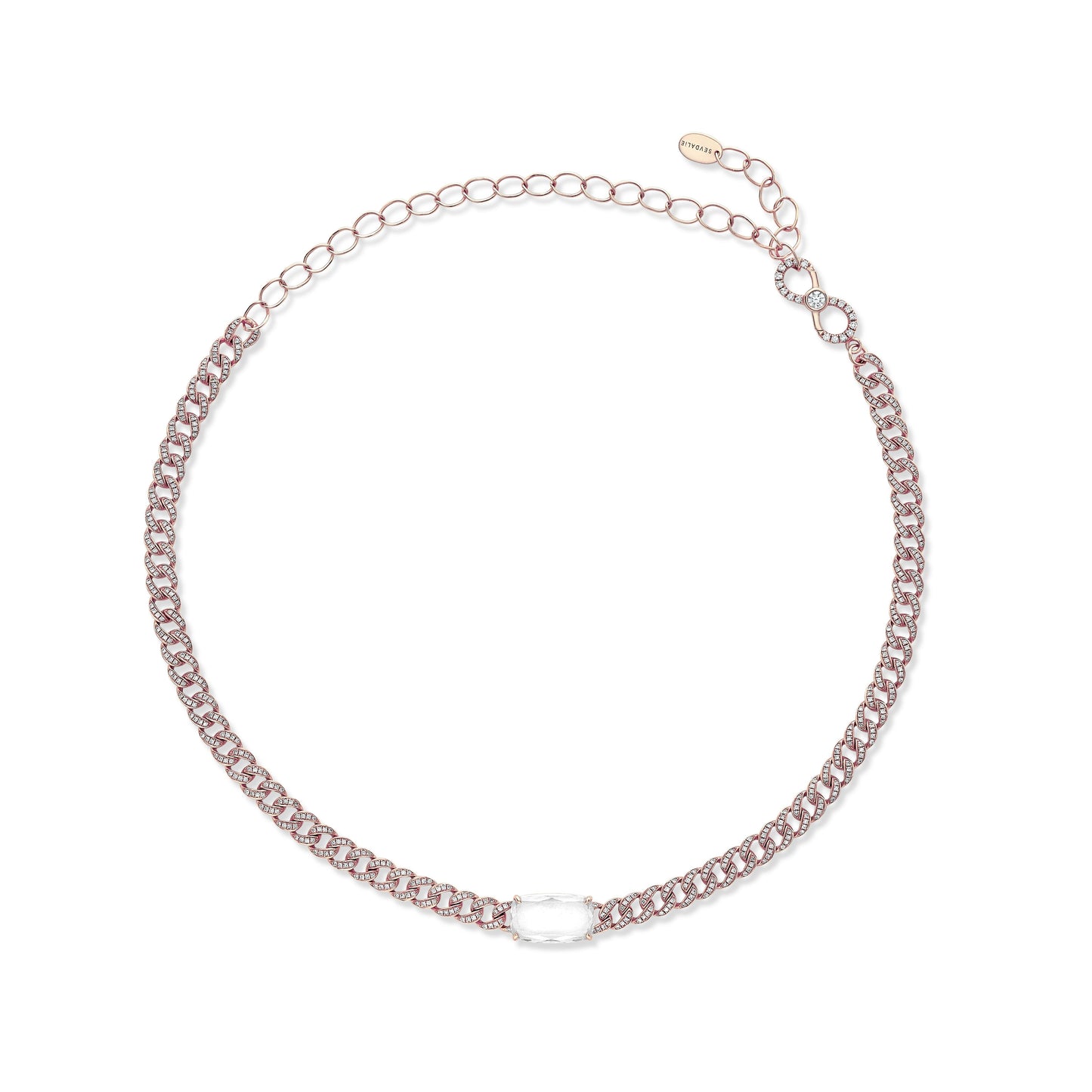 Sevdalie Signature Portrait Collection lab diamond jewelry for sale, diamond pave portrait cut cushion moissanite chain choker necklace, solid 14K rose gold