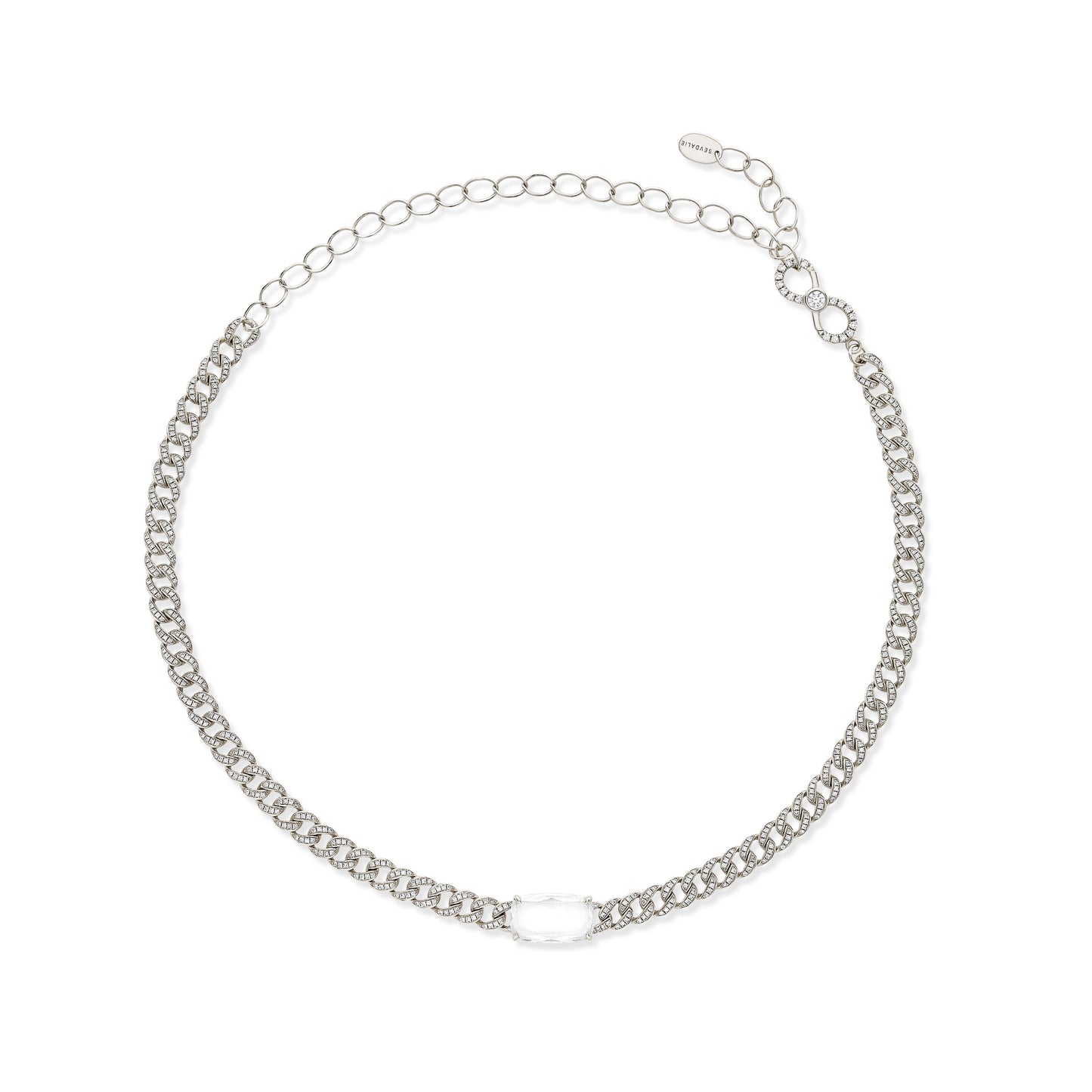 Sevdalie Signature Portrait Collection lab diamond jewelry for sale, diamond pave portrait cut cushion moissanite chain choker necklace, solid 14K white gold