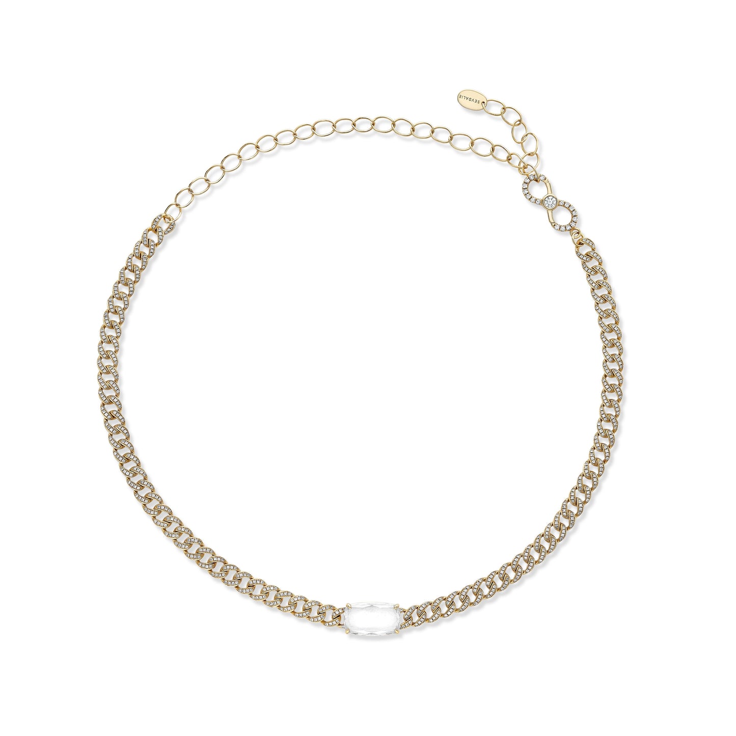 Sevdalie Signature Portrait Collection lab diamond jewelry for sale, diamond pave portrait cut cushion moissanite chain choker necklace, solid 14K yellow gold