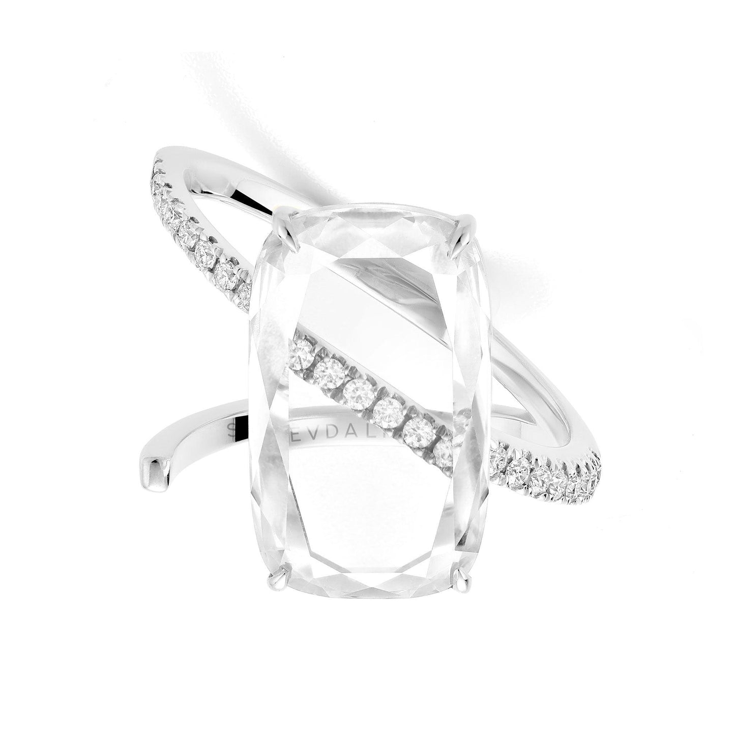 Sevdalie Signature Portrait Collection lab diamond jewelry for sale, diamond pave portrait cut cushion moissanite diagonal band ring, solid 14K white gold