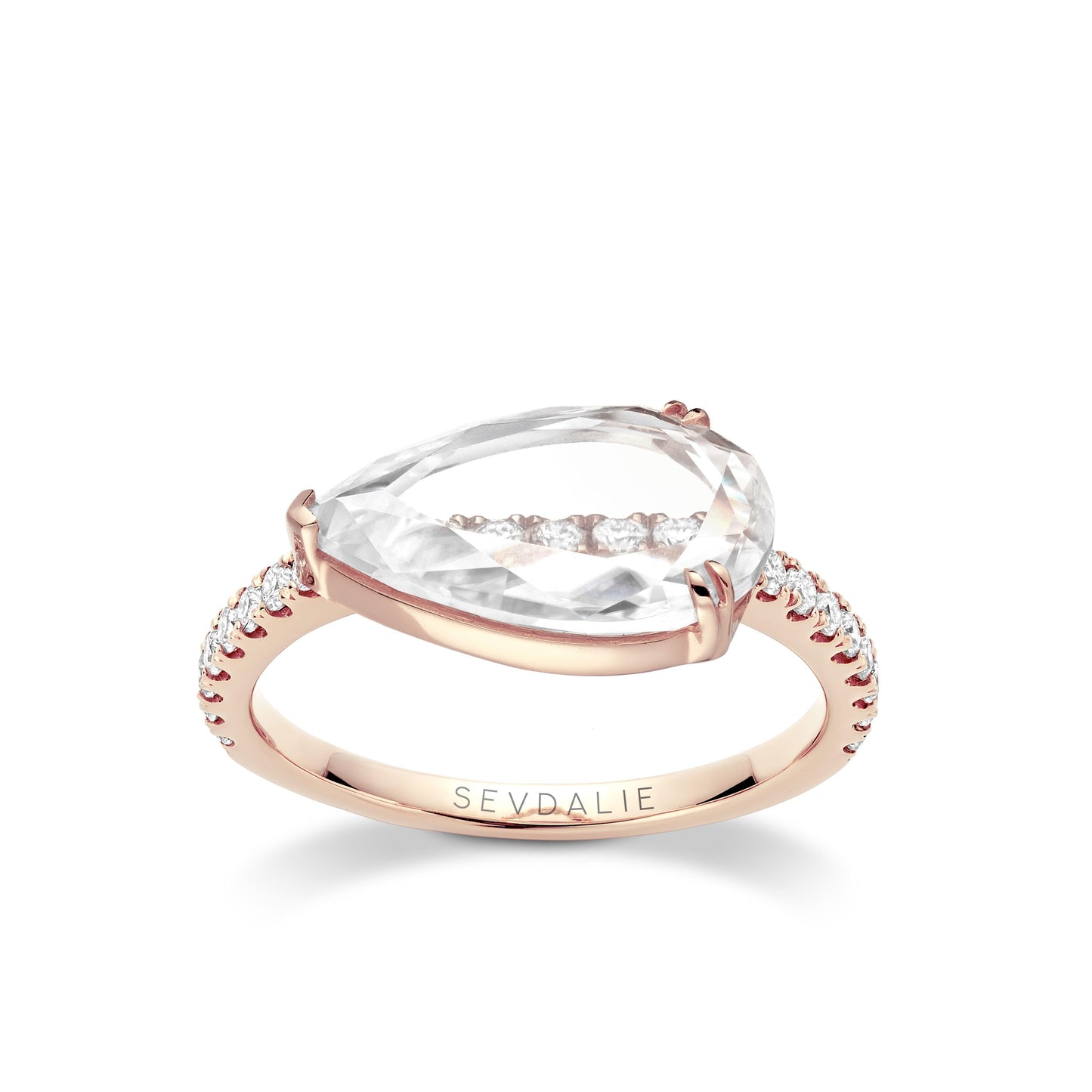 Sevdalie Signature Portrait Collection lab diamond jewelry for sale, diamond pave ring portrait cut pear moissanite, solid 14K rose gold
