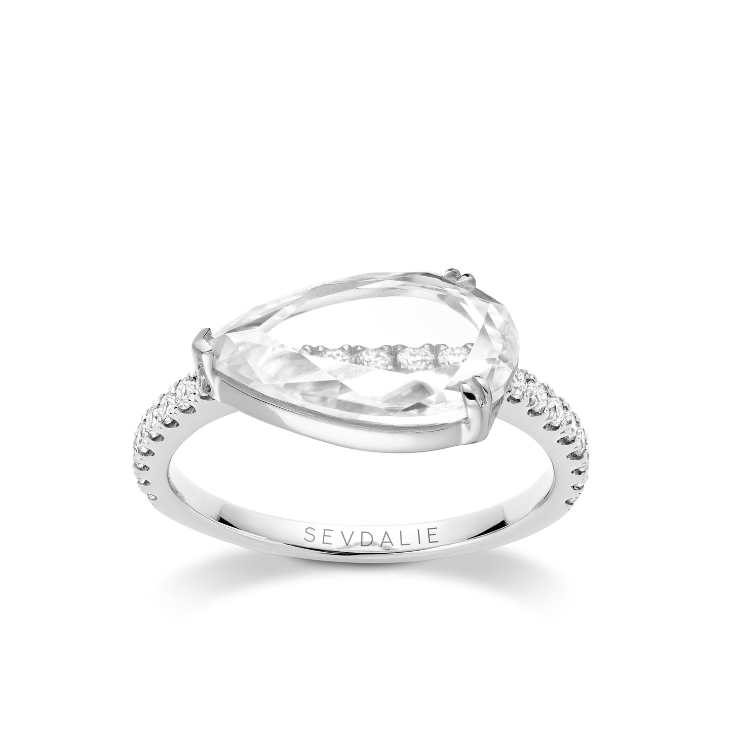 Sevdalie Signature Portrait Collection lab diamond jewelry for sale, diamond pave ring portrait cut pear moissanite, solid 14K white gold