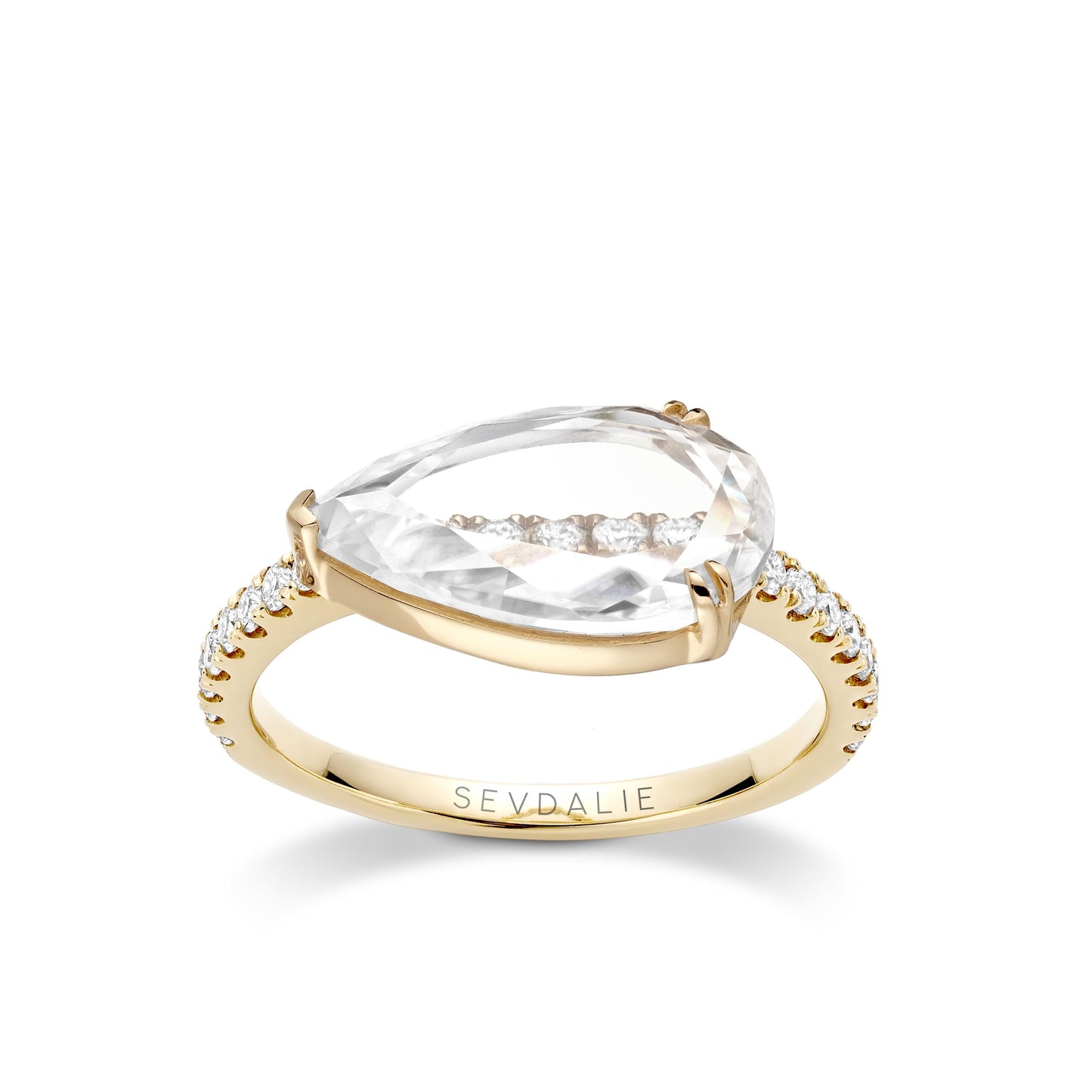 Sevdalie Signature Portrait Collection lab diamond jewelry for sale, diamond pave ring portrait cut pear moissanite, solid 14K yellow gold