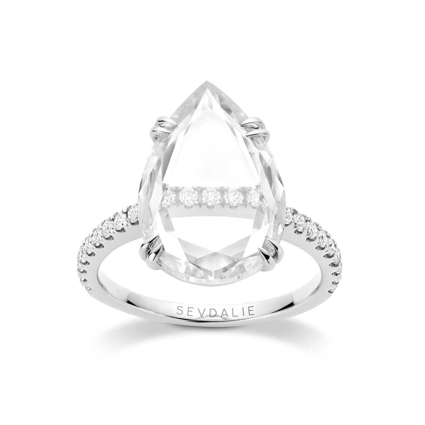 Sevdalie Signature Portrait Collection lab diamond modern jewelry for sale, large portrait cut pear moissanite diamond pave band ring, solid 14K white gold