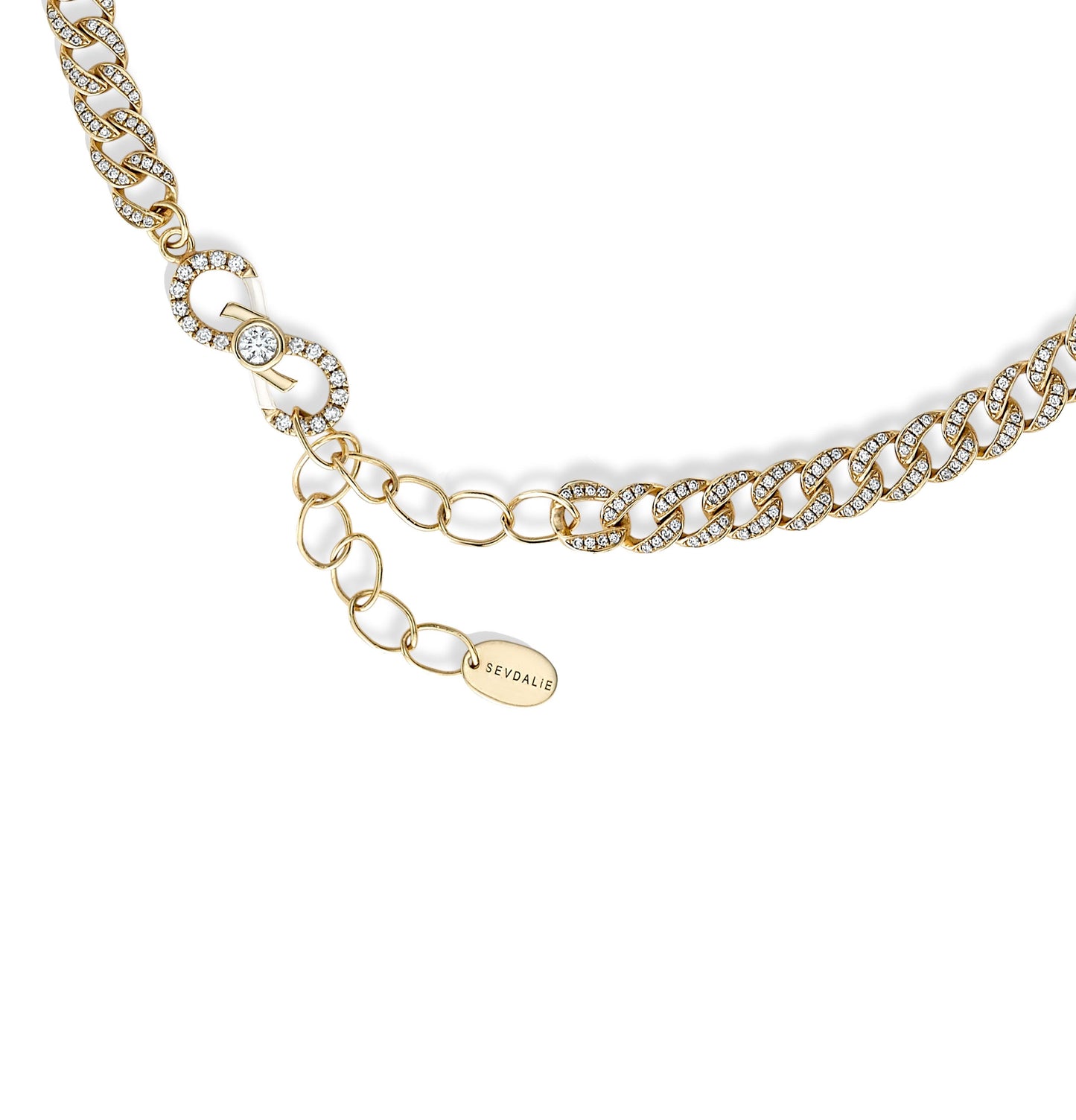 Sevdalie S infinity clasp lab diamond jewelry for sale, diamond pave moissanite chain choker necklace, solid 14K yellow gold