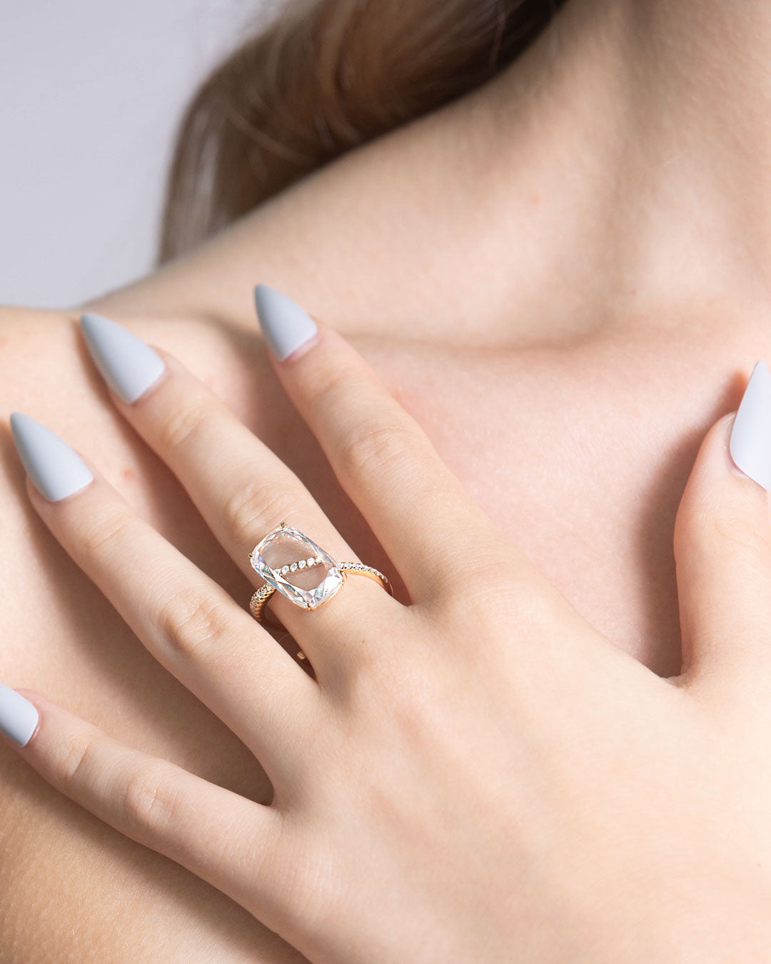 Large Cushion Portrait Solitaire Diamond Pave Diagonal Ring