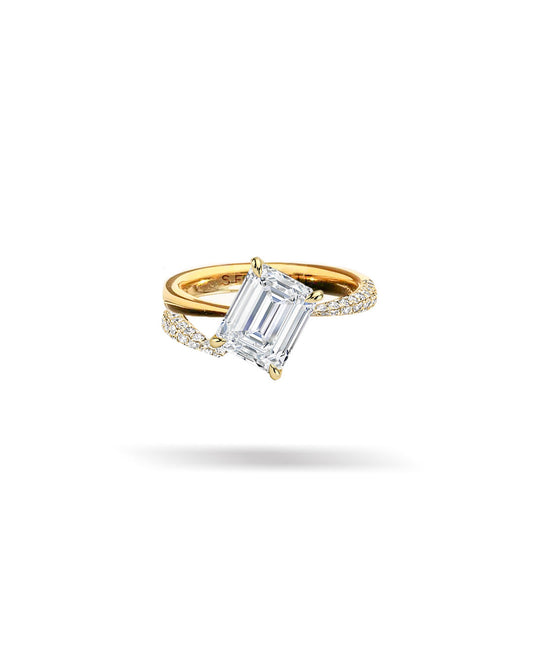 Asymmetric Pavé Slanted Emerald Solitaire Tapered Diamond Ring