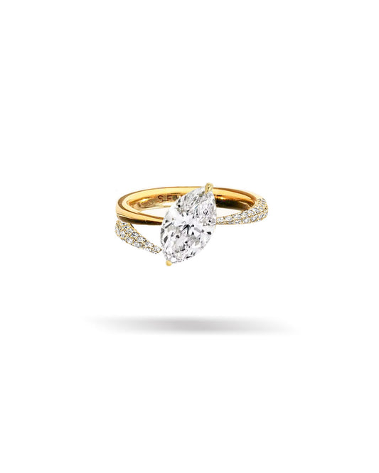 Asymmetric Pavé Slanted Marquis Solitaire Tapered Diamond Ring