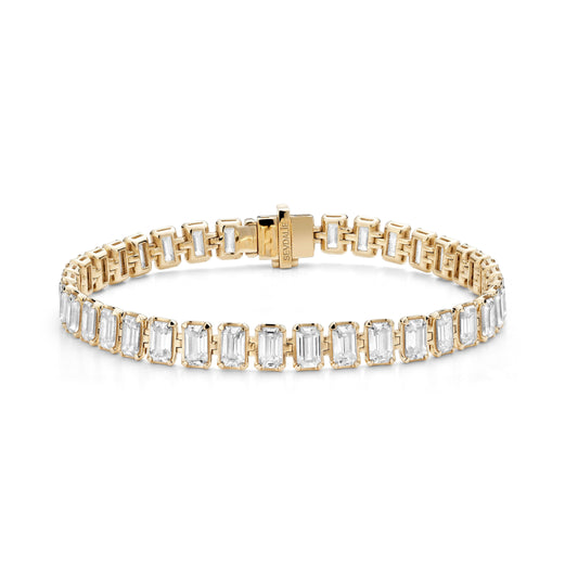 Sevdalie lab diamond emerald cut tennis bracelet, invisible clasp, solid 14k yellow gold
