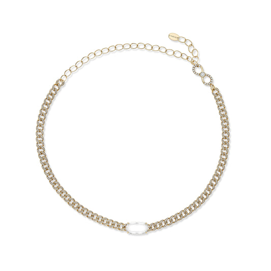 Sevdalie Signature Portrait Collection lab diamond jewelry for sale, diamond pave portrait cut cushion moissanite chain choker necklace, solid 14K yellow gold