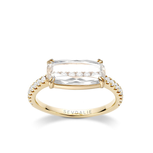 Sevdalie Signature Portrait Collection lab diamond jewelry for sale, diamond pave ring portrait cut cushion moissanite, solid 14K yellow gold