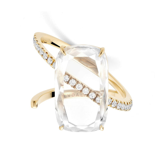 Sevdalie Signature Portrait Collection lab diamond jewelry for sale, diamond pave portrait cut cushion moissanite diagonal band ring, solid 14K yellow gold