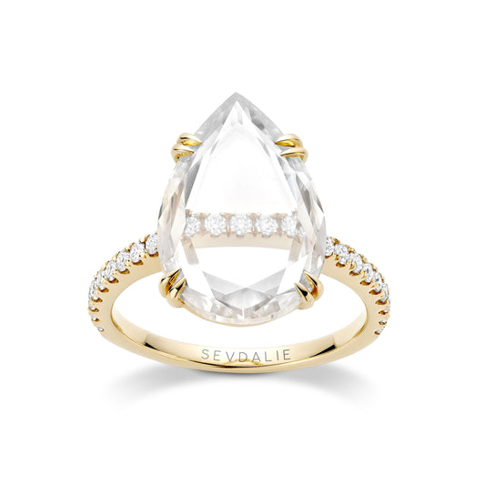 Sevdalie Signature Portrait Collection lab diamond modern jewelry for sale, large portrait cut pear moissanite diamond pave band ring, solid 14K yellow gold