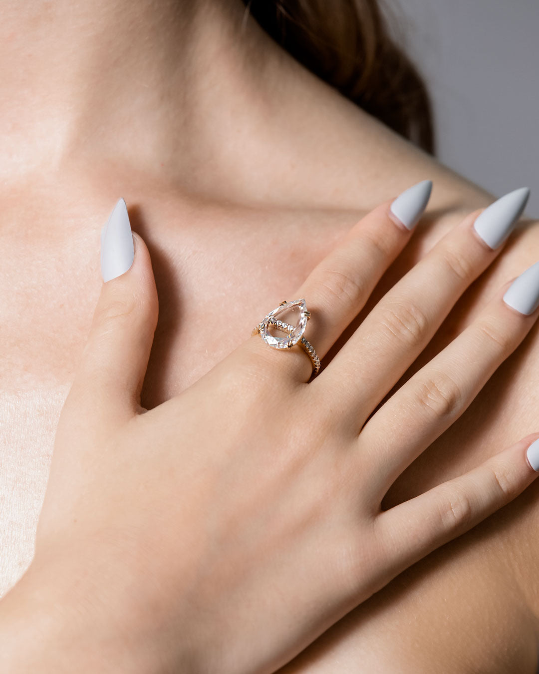 Large Pear Portrait Solitaire Diamond Pave Ring